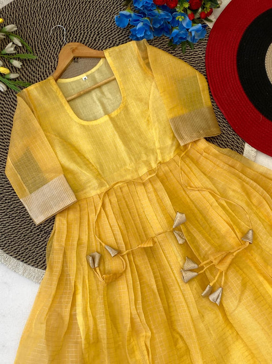 Tissue Organza Silk Gown with Gold Zari Checks Work