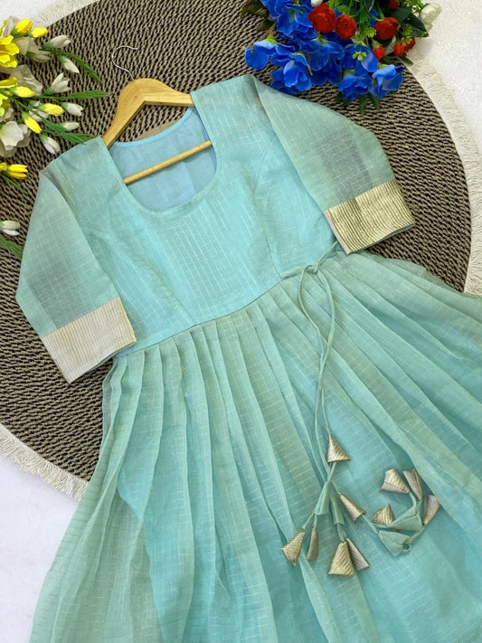 Tissue Organza Silk Gown with Gold Zari Checks Work