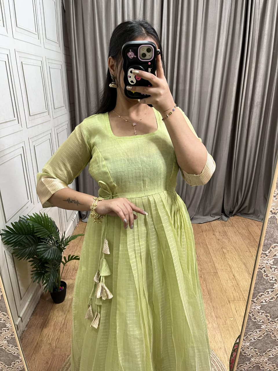 Tissue Organza Silk Gown with Gold Zari Checks Work