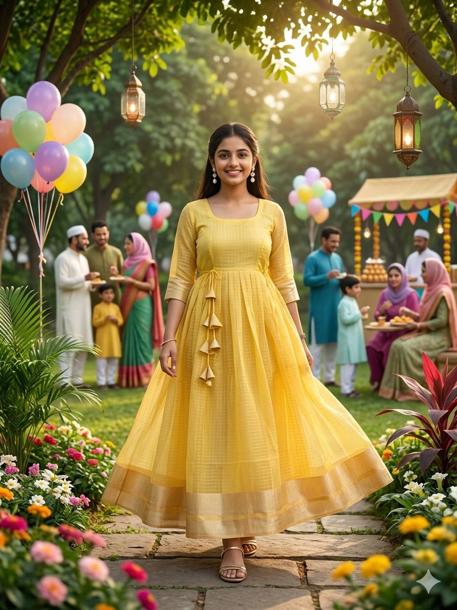 Tissue Organza Silk Gown with Gold Zari Checks Work