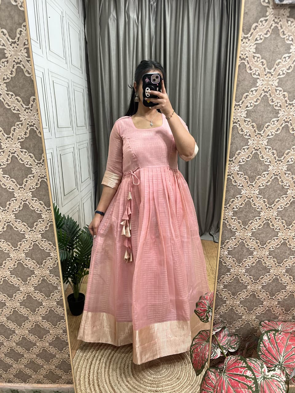 Tissue Organza Silk Gown with Gold Zari Checks Work