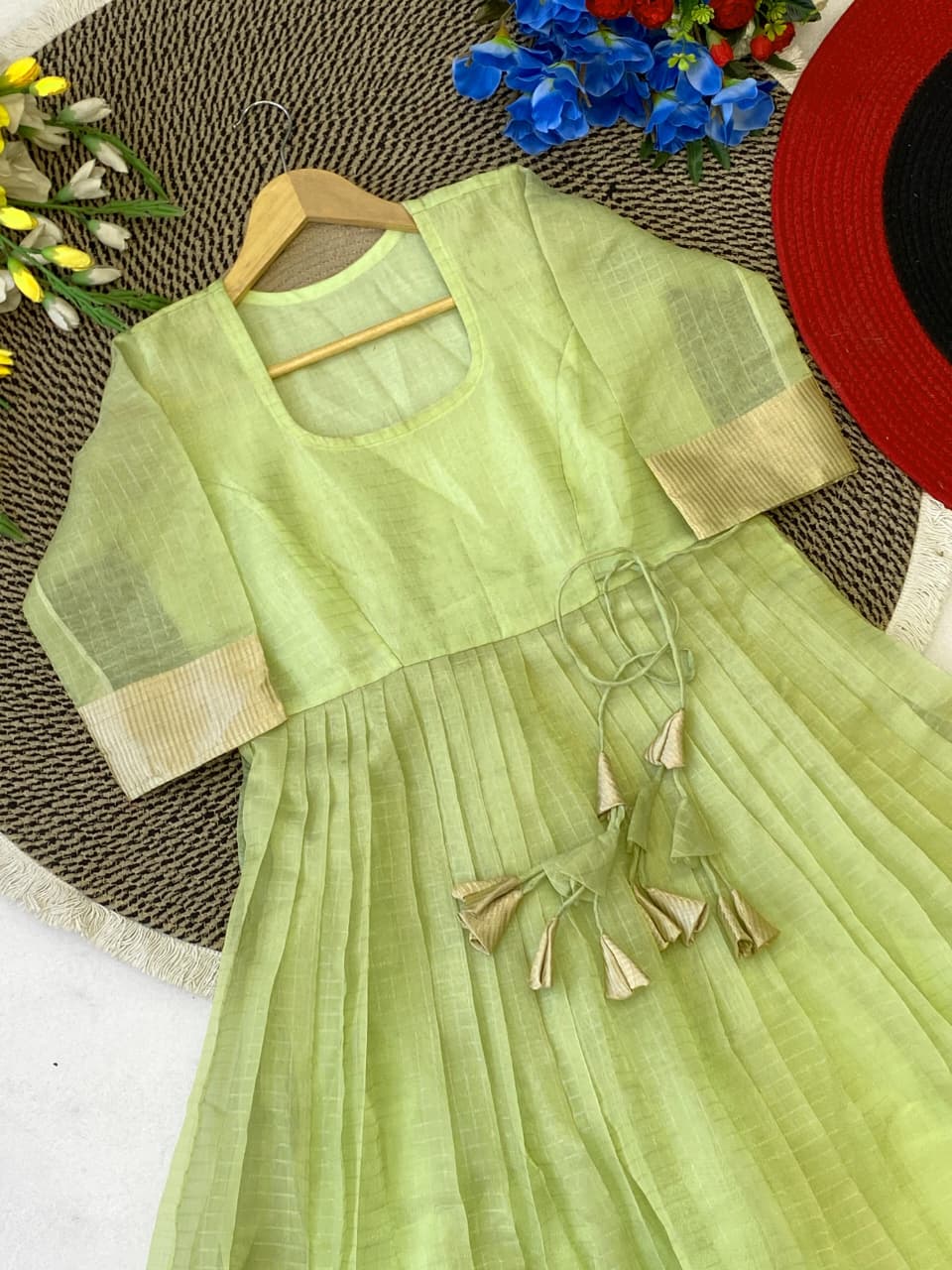 Tissue Organza Silk Gown with Gold Zari Checks Work