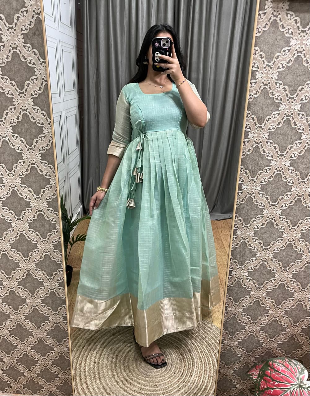Tissue Organza Silk Gown with Gold Zari Checks Work