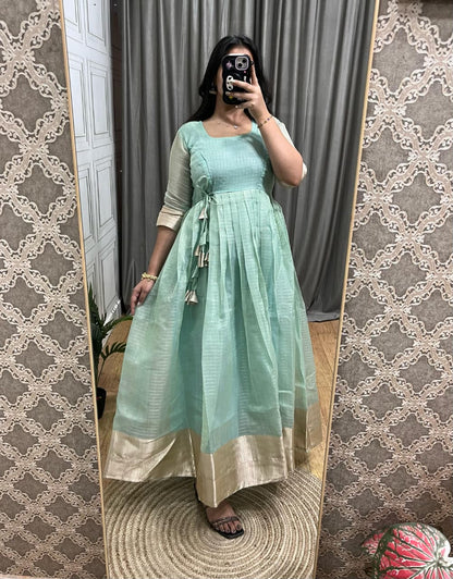 Tissue Organza Silk Gown with Gold Zari Checks Work