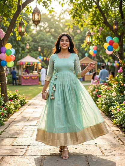 Tissue Organza Silk Gown with Gold Zari Checks Work