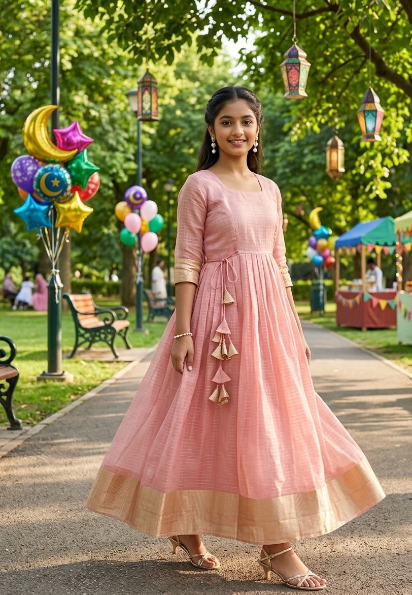 Tissue Organza Silk Gown with Gold Zari Checks Work
