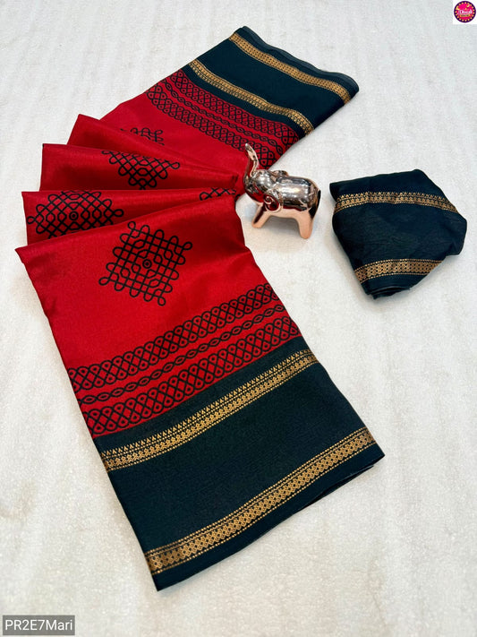 Tussar Kashmiri Print Saree with Double Gadwal Viscose Border & Contrast Blouse