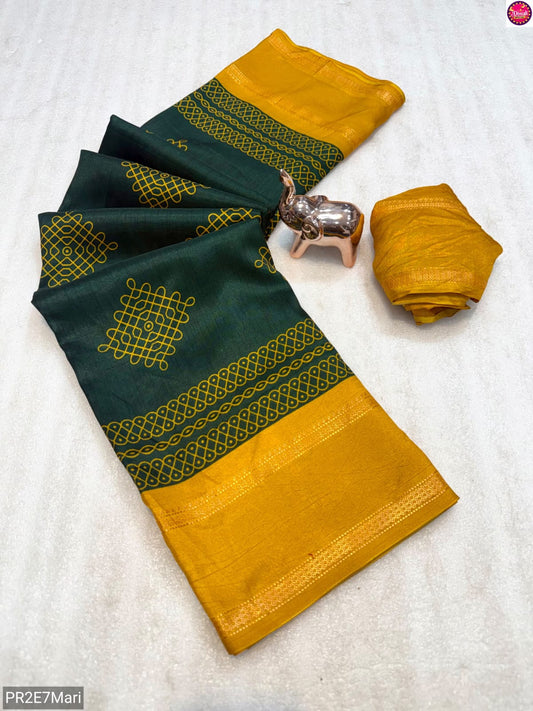 Tussar Kashmiri Print Saree with Double Gadwal Viscose Border & Contrast Blouse