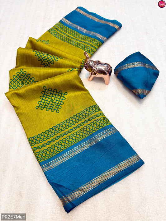 Tussar Kashmiri Print Saree with Double Gadwal Viscose Border & Contrast Blouse