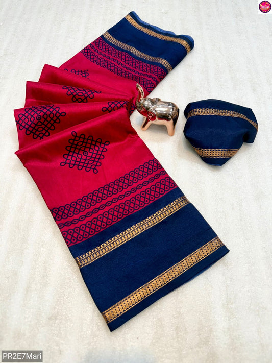 Tussar Kashmiri Print Saree with Double Gadwal Viscose Border & Contrast Blouse