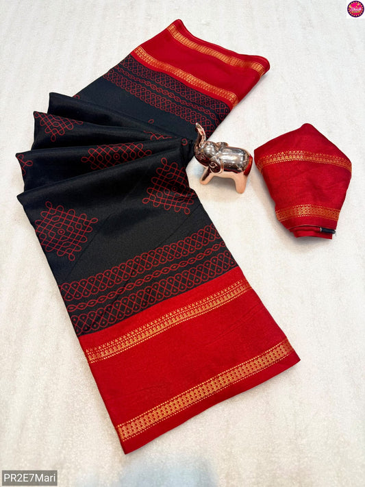 Tussar Kashmiri Print Saree with Double Gadwal Viscose Border & Contrast Blouse