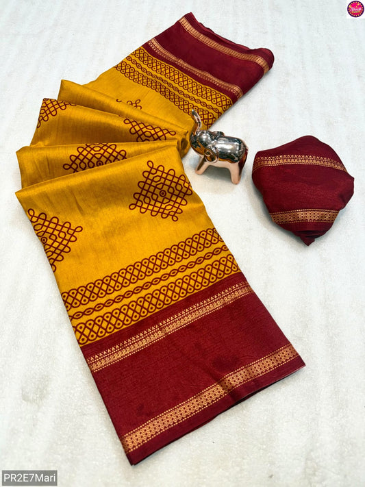 Tussar Kashmiri Print Saree with Double Gadwal Viscose Border & Contrast Blouse