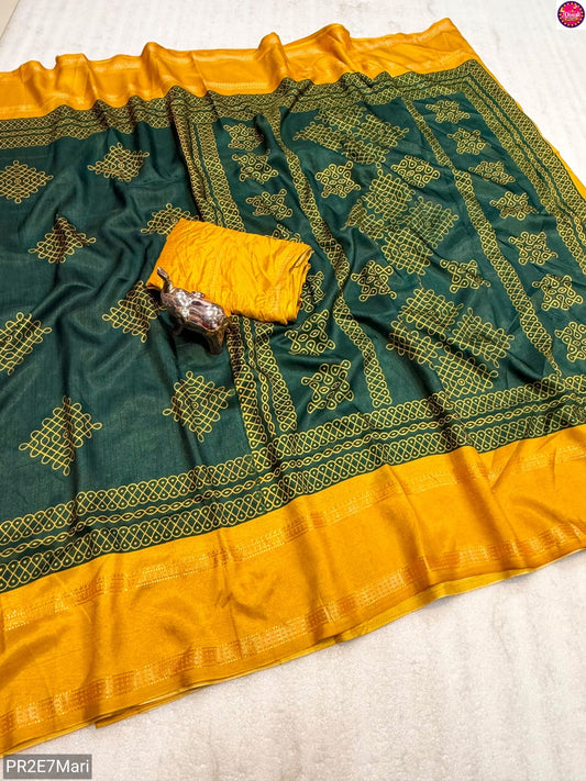 Tussar Kashmiri Print Saree with Double Gadwal Viscose Border & Contrast Blouse