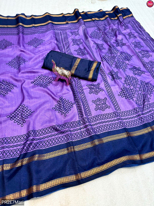 Tussar Kashmiri Print Saree with Double Gadwal Viscose Border & Contrast Blouse