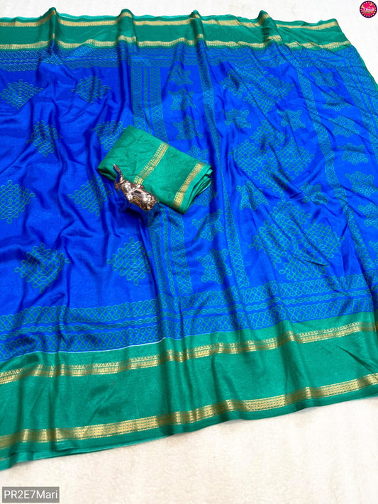 Tussar Kashmiri Print Saree with Double Gadwal Viscose Border & Contrast Blouse