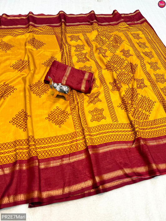 Tussar Kashmiri Print Saree with Double Gadwal Viscose Border & Contrast Blouse