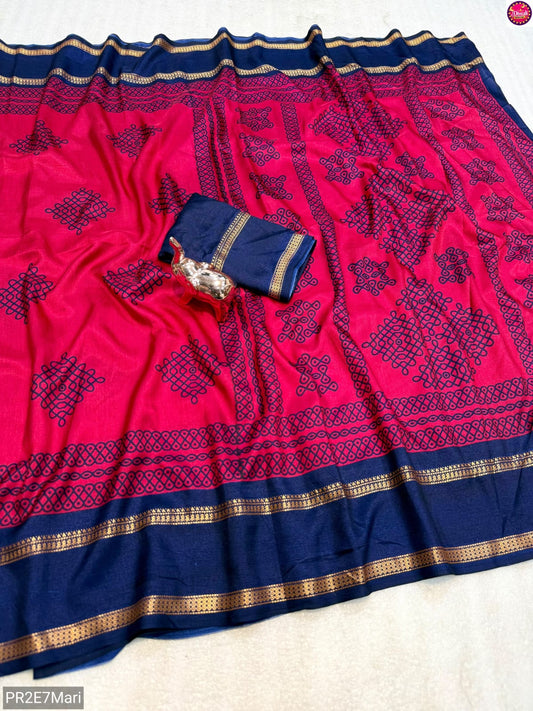 Tussar Kashmiri Print Saree with Double Gadwal Viscose Border & Contrast Blouse