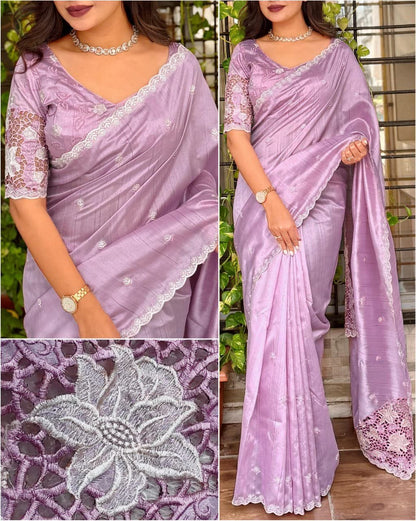 Tusser Cotton Saree with Thread Embroidery & Cutwork Blouse