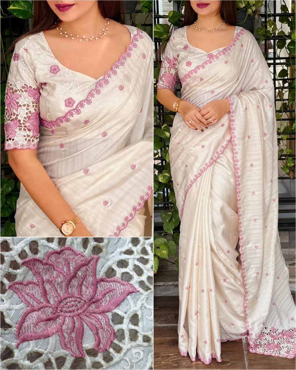 Tusser Cotton Saree with Thread Embroidery & Cutwork Blouse