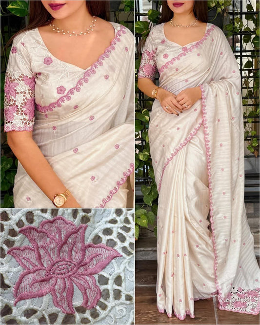 Tusser Cotton Saree with Thread Embroidery & Cutwork Blouse