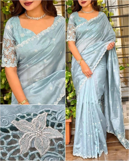 Tusser Cotton Saree with Thread Embroidery & Cutwork Blouse
