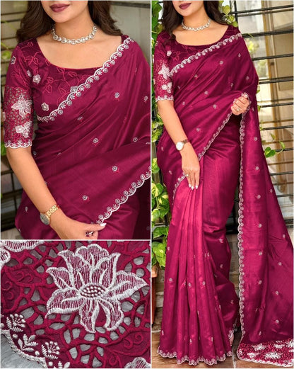 Tusser Cotton Saree with Thread Embroidery & Cutwork Blouse