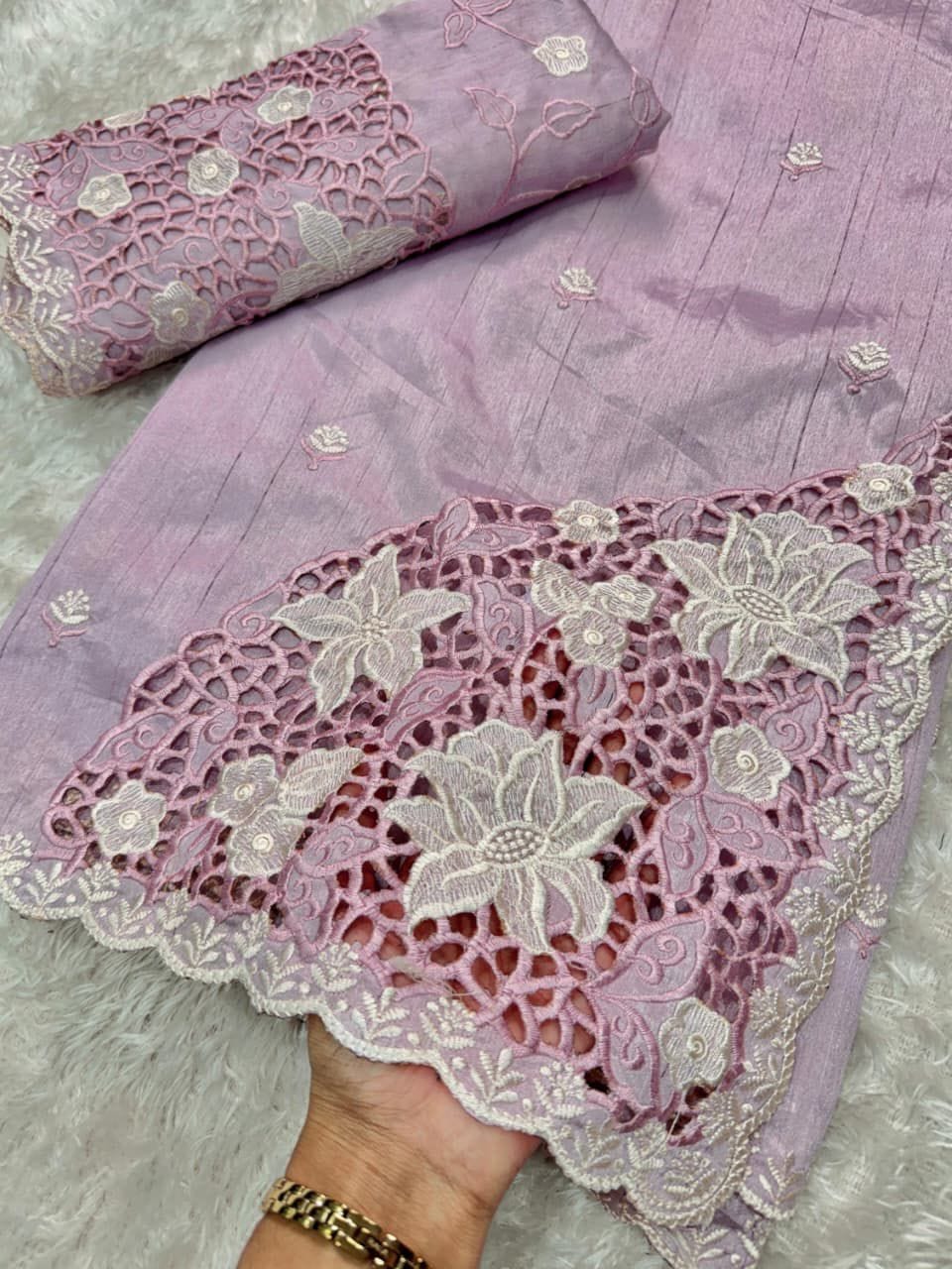 Tusser Cotton Saree with Thread Embroidery & Cutwork Blouse