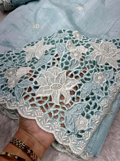Tusser Cotton Saree with Thread Embroidery & Cutwork Blouse