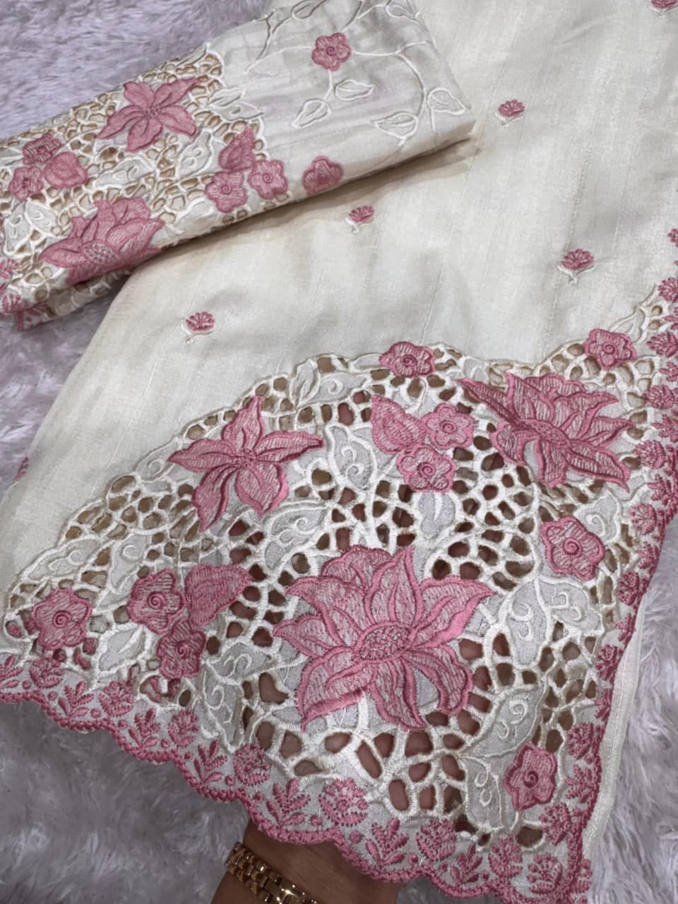 Tusser Cotton Saree with Thread Embroidery & Cutwork Blouse