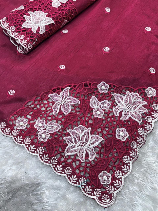 Tusser Cotton Saree with Thread Embroidery & Cutwork Blouse
