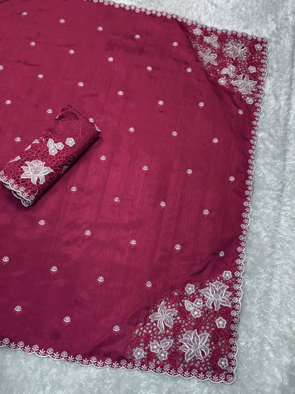 Tusser Cotton Saree with Thread Embroidery & Cutwork Blouse