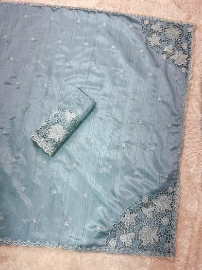 Tusser Cotton Saree with Thread Embroidery & Cutwork Blouse
