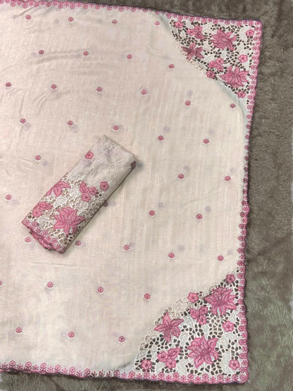 Tusser Cotton Saree with Thread Embroidery & Cutwork Blouse