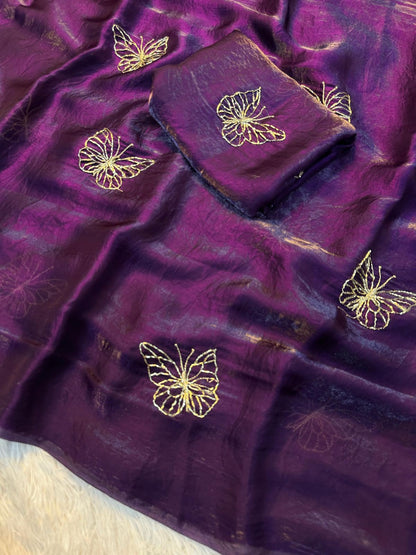 Two-Tone Space Silk Saree with Butterfly Beads Work & Matching Blouse