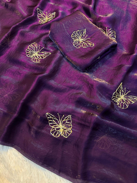 Two-Tone Space Silk Saree with Butterfly Beads Work & Matching Blouse