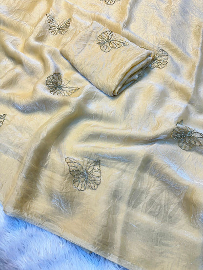 Two-Tone Space Silk Saree with Butterfly Beads Work & Matching Blouse
