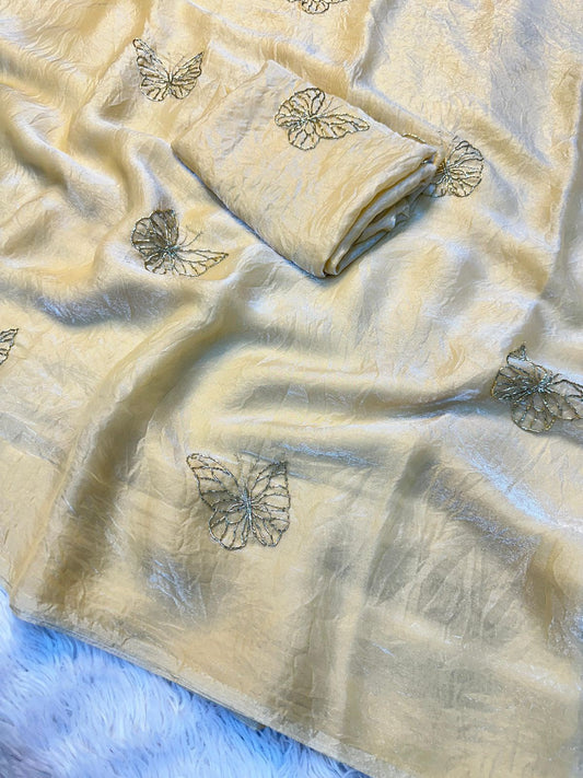 Two-Tone Space Silk Saree with Butterfly Beads Work & Matching Blouse
