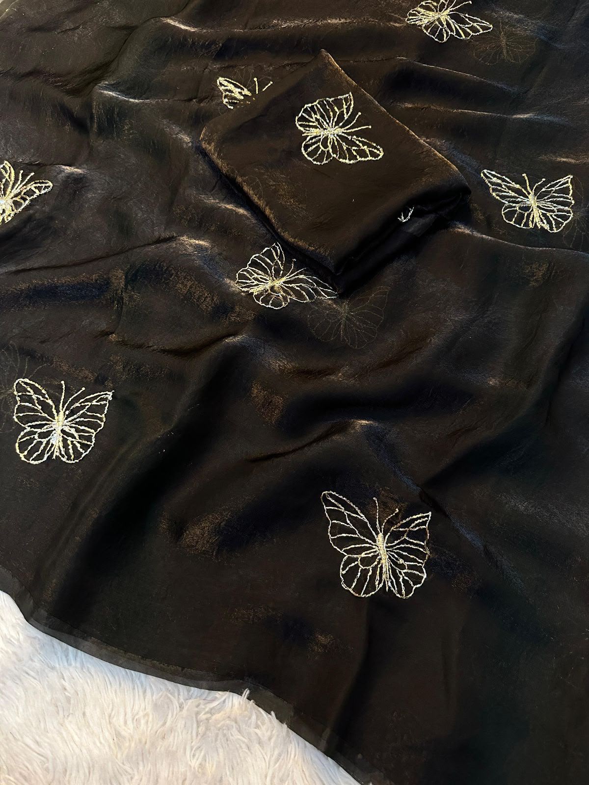Two-Tone Space Silk Saree with Butterfly Beads Work & Matching Blouse