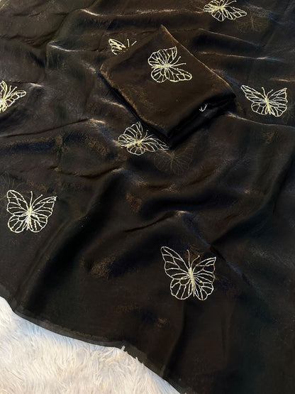 Two-Tone Space Silk Saree with Butterfly Beads Work & Matching Blouse