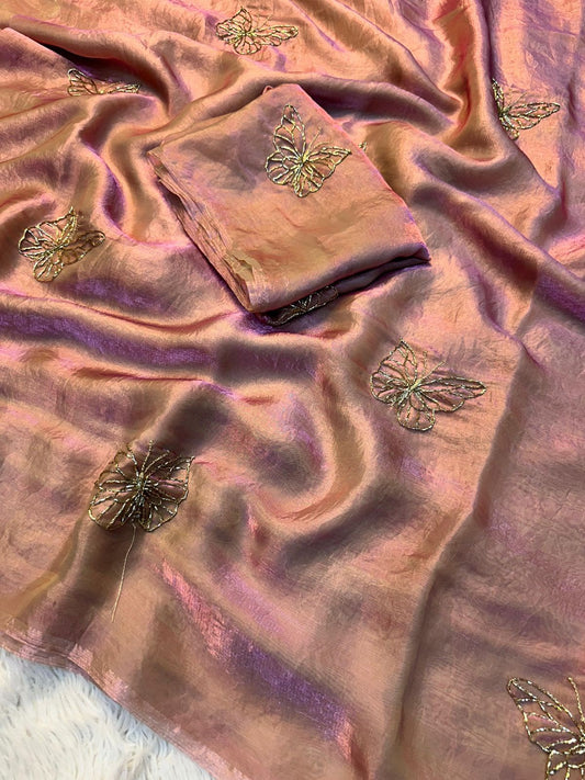 Two-Tone Space Silk Saree with Butterfly Beads Work & Matching Blouse