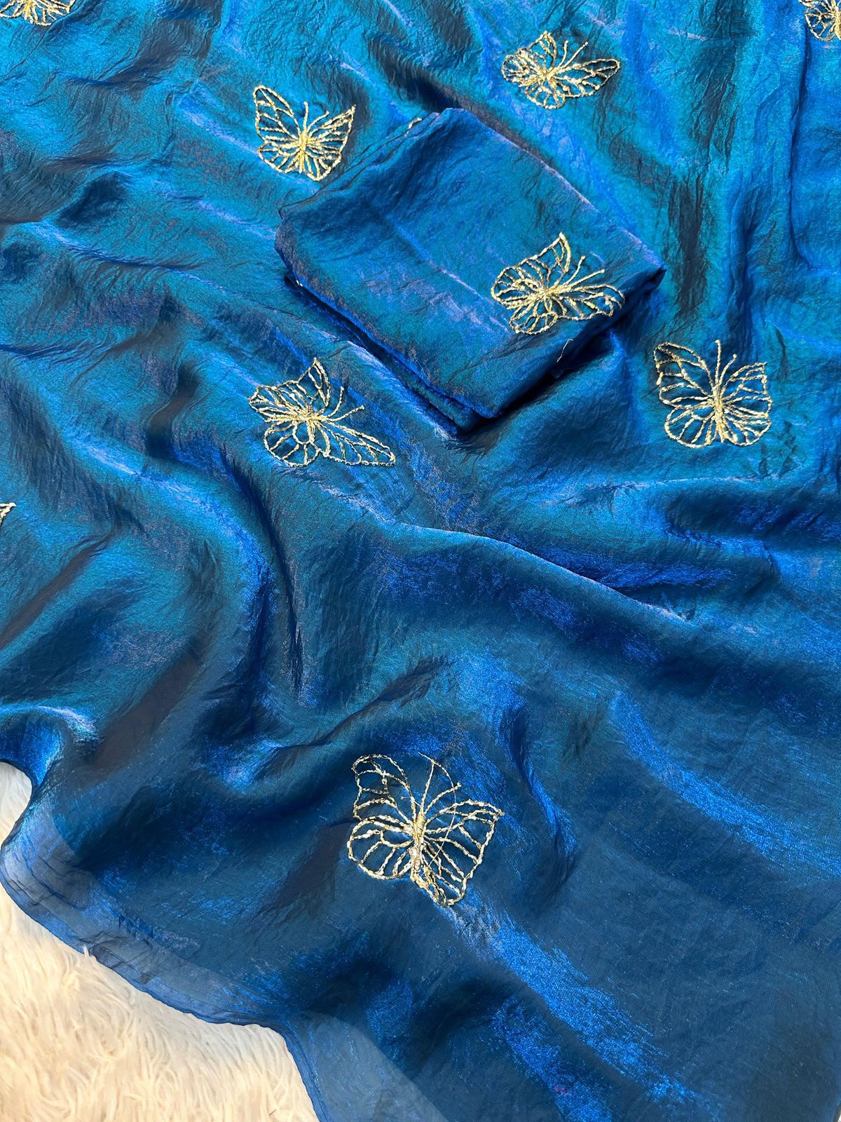 Two-Tone Space Silk Saree with Butterfly Beads Work & Matching Blouse
