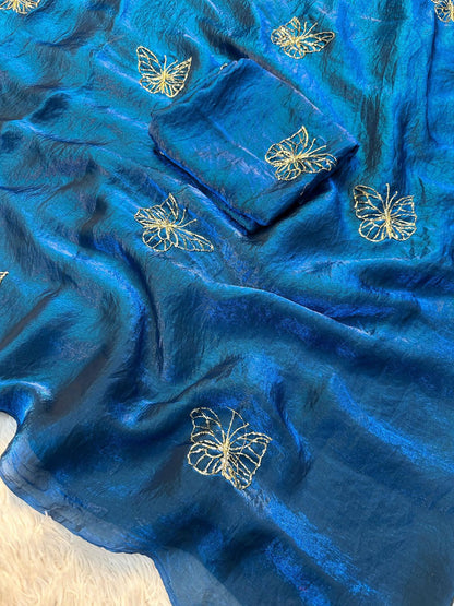Two-Tone Space Silk Saree with Butterfly Beads Work & Matching Blouse