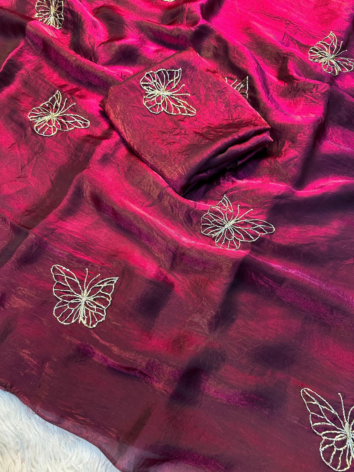 Two-Tone Space Silk Saree with Butterfly Beads Work & Matching Blouse