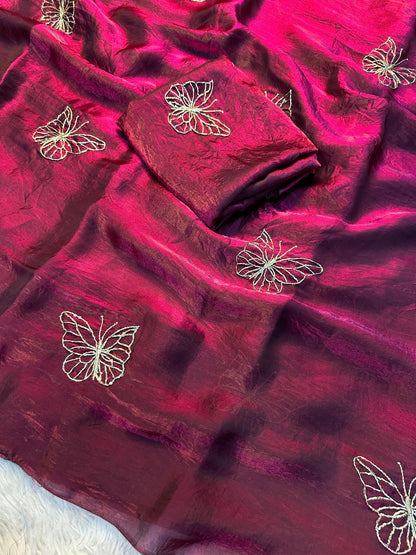 Two-Tone Space Silk Saree with Butterfly Beads Work & Matching Blouse