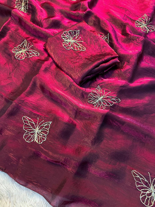 Two-Tone Space Silk Saree with Butterfly Beads Work & Matching Blouse