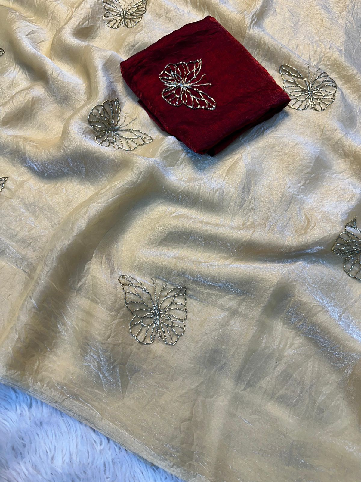 Two-Tone Space Silk Saree with Butterfly Beads Work & Matching Blouse