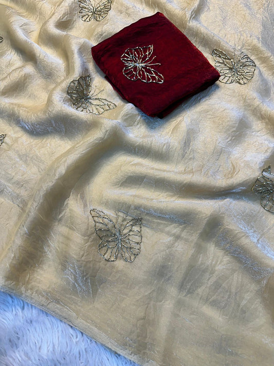 Two-Tone Space Silk Saree with Butterfly Beads Work & Matching Blouse