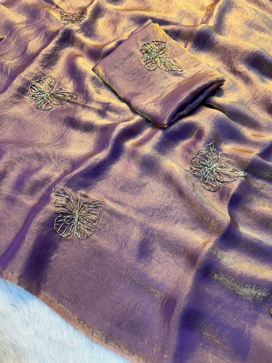 Two-Tone Space Silk Saree with Butterfly Beads Work & Matching Blouse