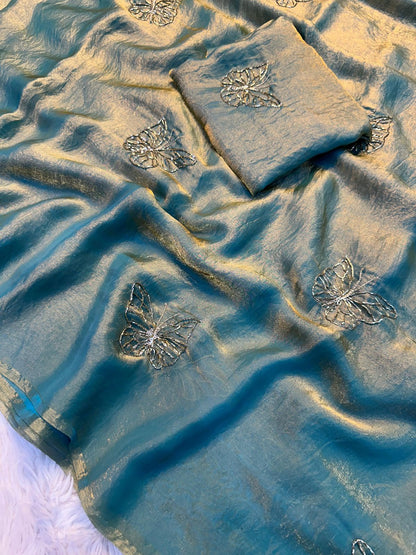 Two-Tone Space Silk Saree with Butterfly Beads Work & Matching Blouse