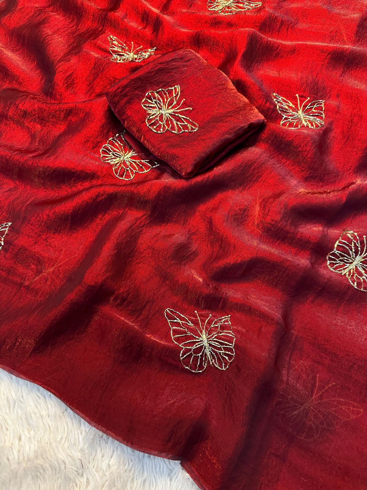 Two-Tone Space Silk Saree with Butterfly Beads Work & Matching Blouse